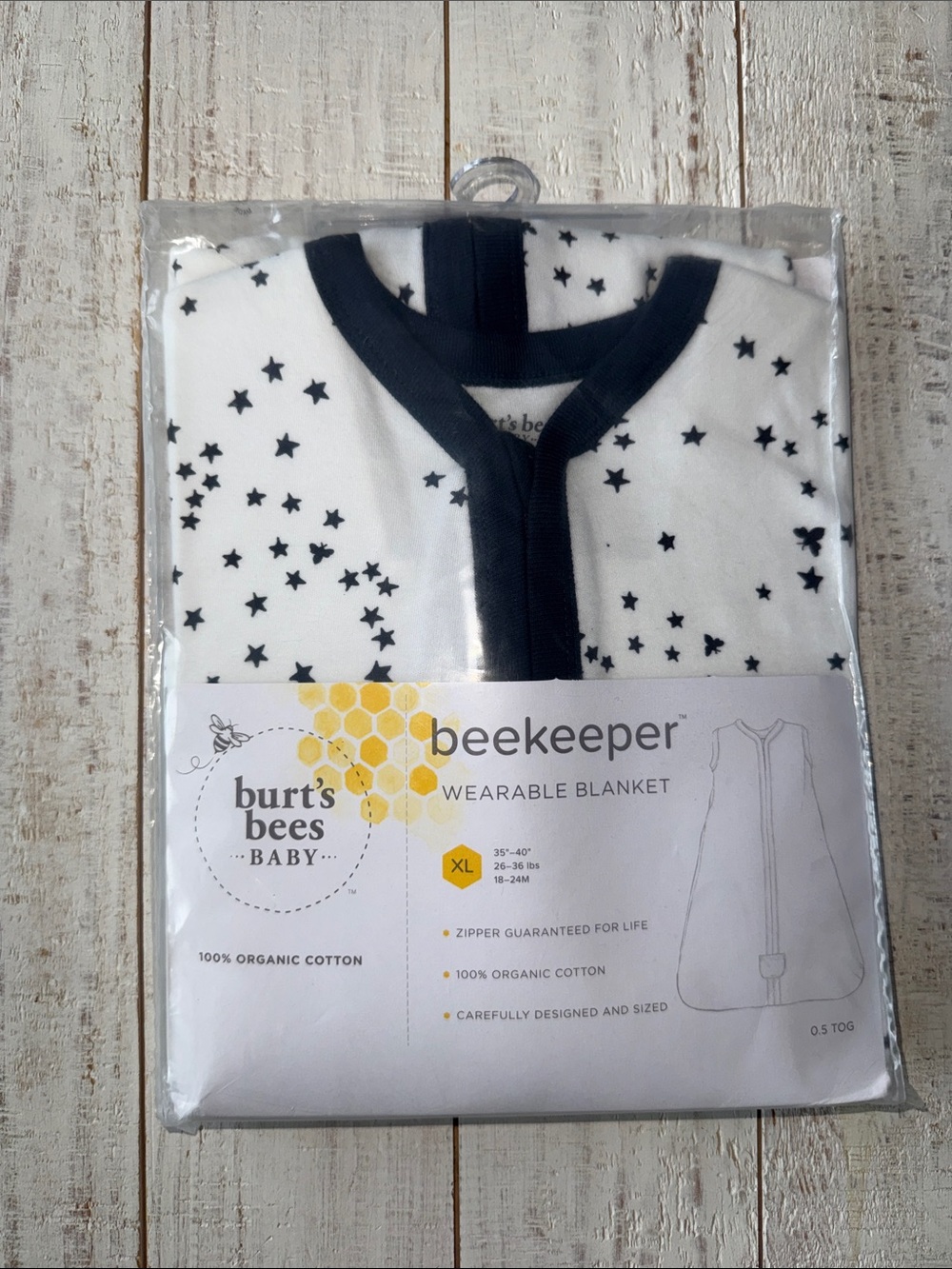Burt's Bees Baby White Wearable Blanket / Sleep Sac with Blue Star Trim
